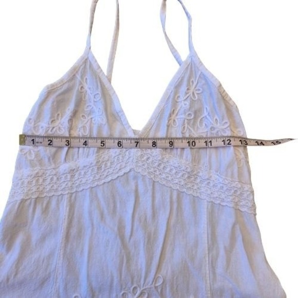 White Embroidered Halter Sundress L Beach Cottagecore Boho Festival Mini Dress - Picture 6 of 16